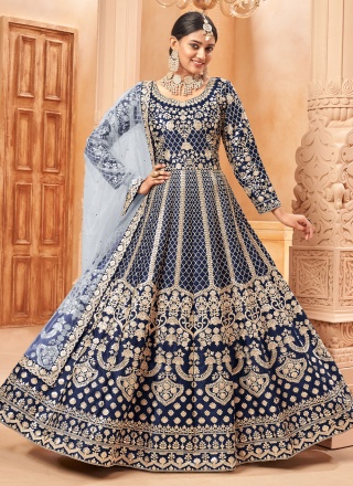 Art Silk Embroidered Anarkali Salwar Kameez in Blu