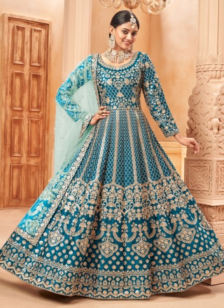 Art Silk Resham Teal Pakistani Salwar Kameez