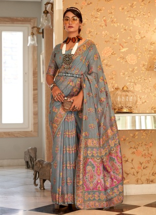 Artistic Grey Silk Classic Saree