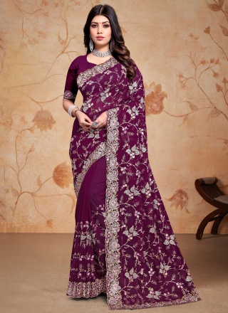 Astonishing Georgette Embroidered Wine Classic Sar