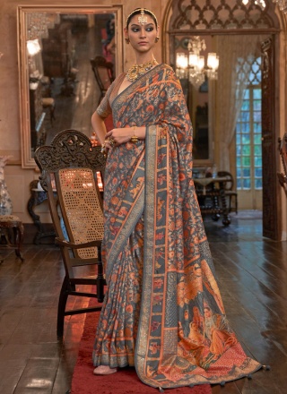 Astonishing Patola Silk  Weaving Grey Trendy Saree