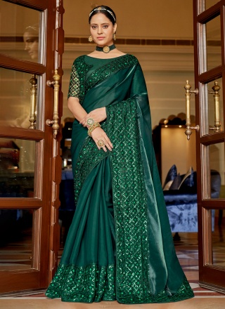 Attractive Embroidered Green Chiffon Contemporary Saree