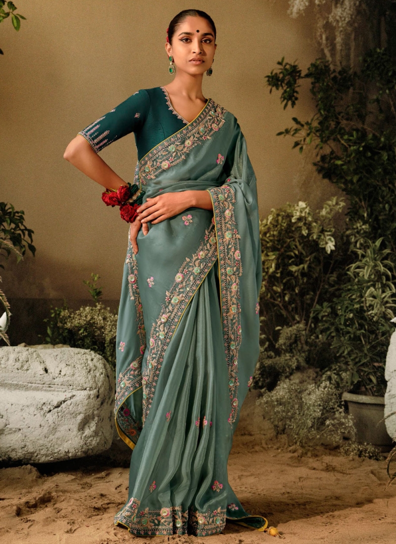 Attractive Embroidered Grey Trendy Saree