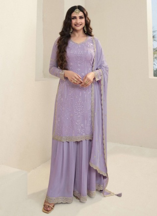 Attractive Embroidered Organza Lavender Palazzo Salwar Suit