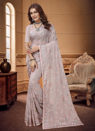 Auspicious Embroidered Georgette Lavender Designer Saree