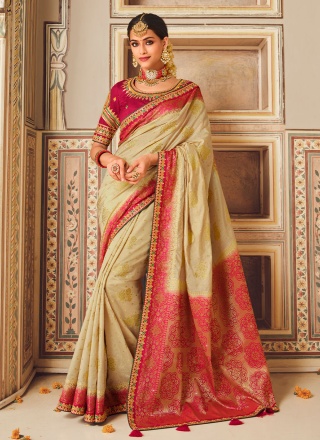 Awesome Cream and Pink Lace Fancy Fabric Designer Saree