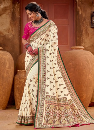 Banarasi Silk Embroidered Cream Classic Saree