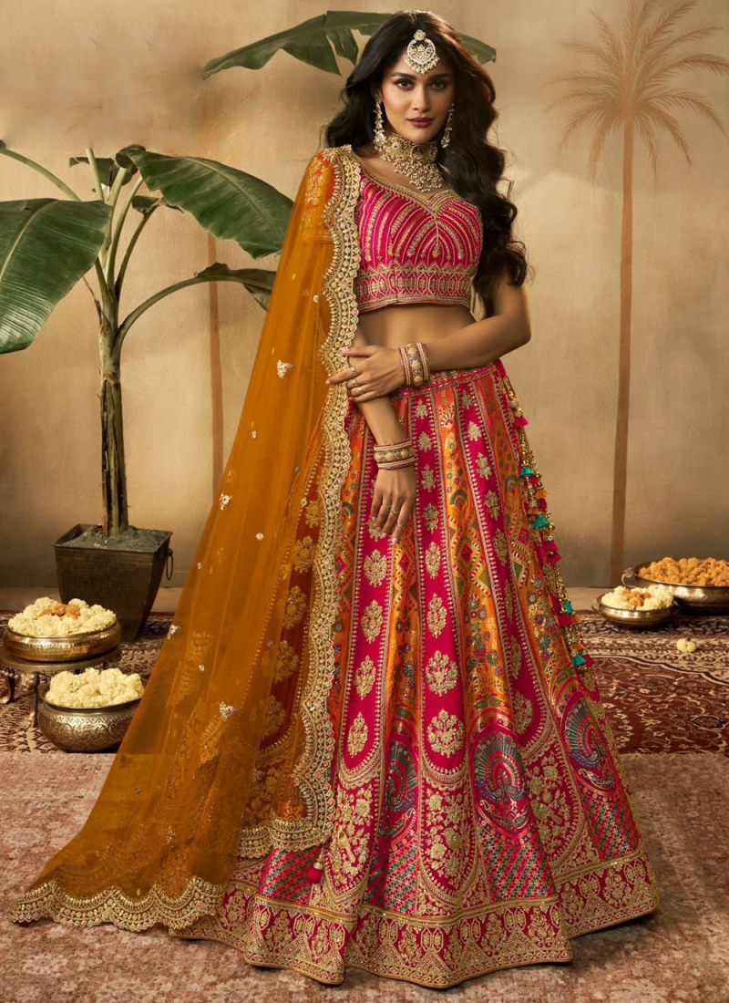 Banarasi Silk Embroidered Designer Lehenga Choli in Orange and Pink