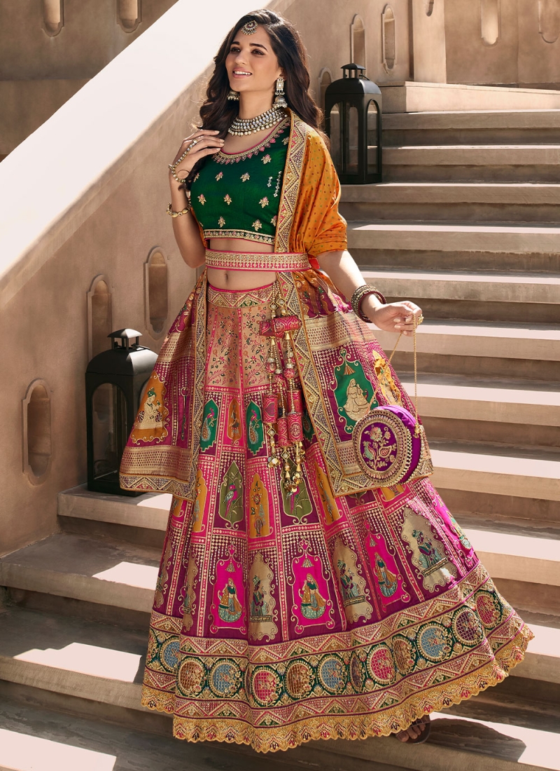 Banarasi Silk Green and Purple Embroidered Designer Lehenga Choli