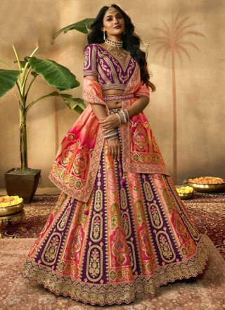 Banarasi Silk Lehenga Choli in Peach and Purple