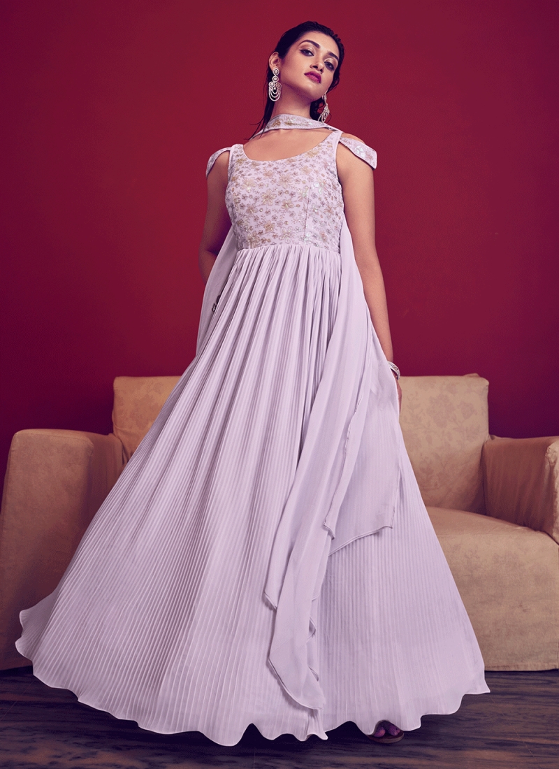 White Faux Georgette Thread Work Gown – Shopaholics Choice