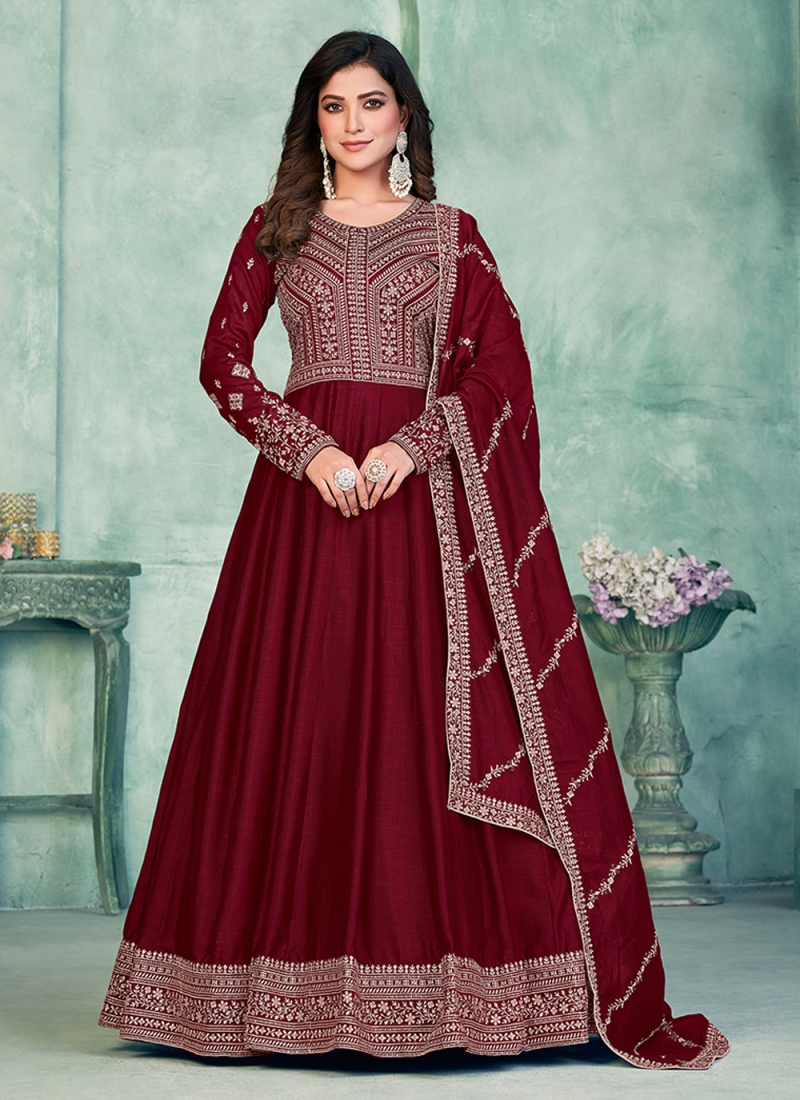 Maroon Indian hand work net wedding wear anarkali suit 56001 | Red bridal  gown, Designer dresses indian, Indian fashion
