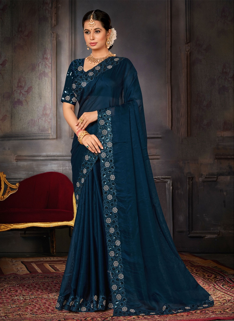 Beauteous Embroidered Georgette Turquoise Saree