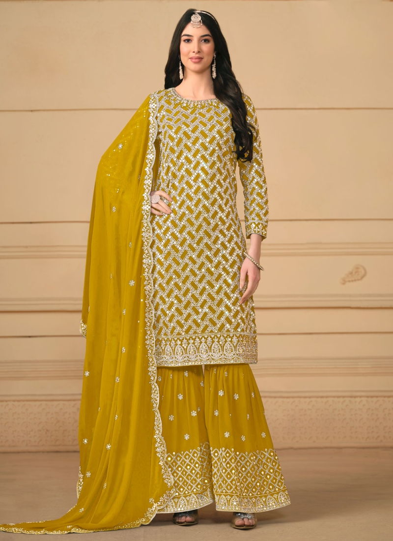 Beautiful Faux Georgette Mustard Embroidered Salwar Suit