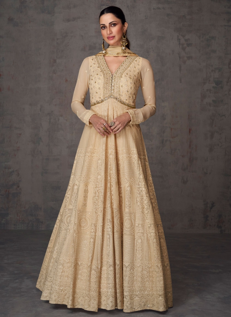 Beautiful Georgette Cream Embroidered Trendy Gown