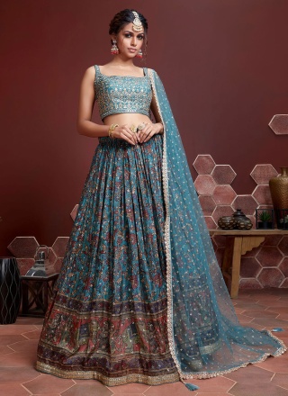 Bedazzling Digital Print Blue Silk Designer Lehenga Choli