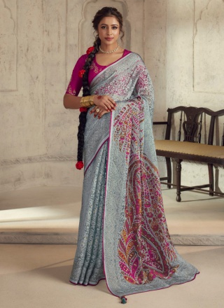 Bedazzling Organza Patch Border Grey Saree