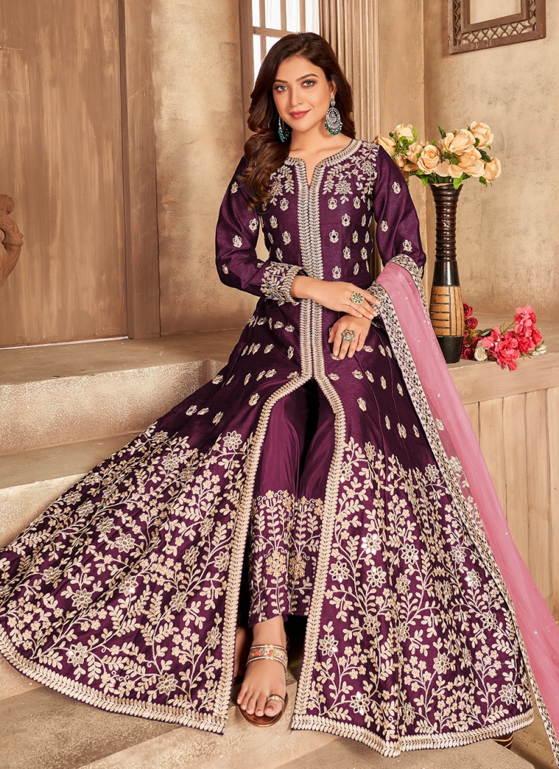 Bedazzling Wine Art Silk Floor Length Designer Suit