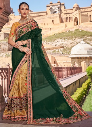 Beige and Green Ceremonial Fancy Fabric Contemporary Saree