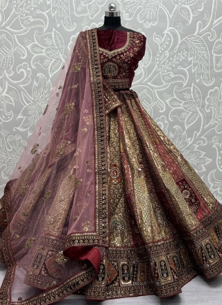 Beige and Maroon Embroidered Trendy Lehenga Choli