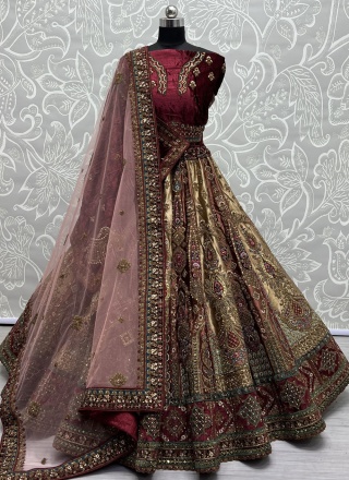 Beige and Maroon Wedding Lehenga Choli