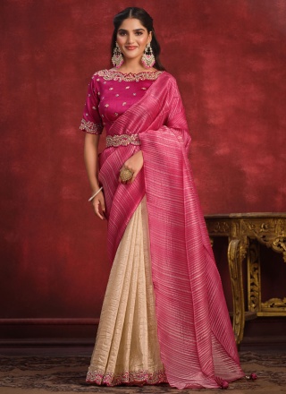 Beige and Pink Wedding Banarasi Silk Saree