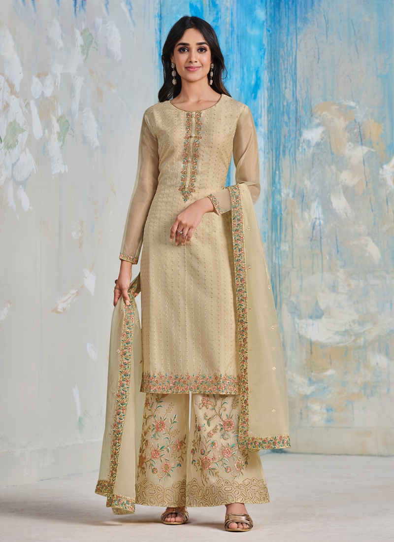 Beige Ceremonial Palazzo Salwar Kameez