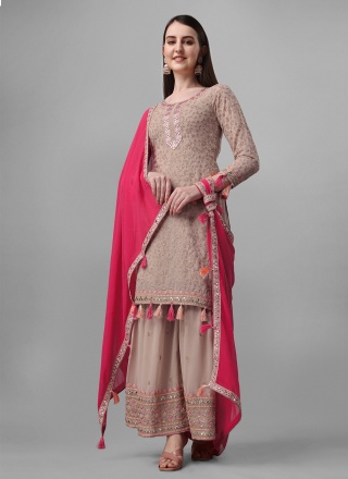 Beige Faux Georgette Aari Designer Salwar Suit