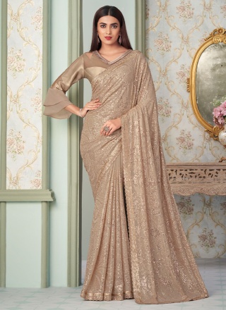 Beige Sequins Georgette Designer Saree