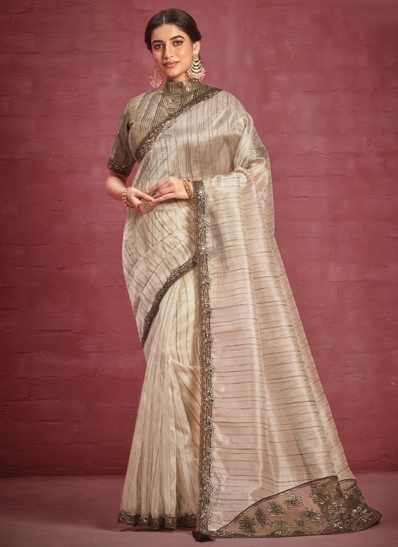 Beige Stripe Print Designer Saree