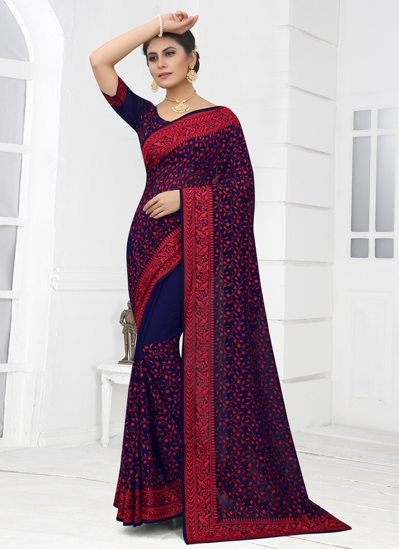 Best Embroidered Georgette Navy Blue Contemporary Saree