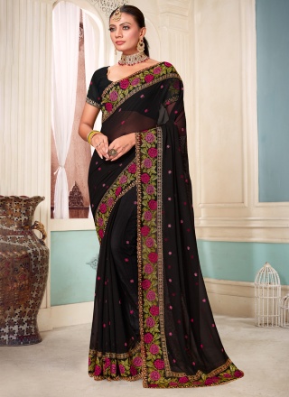 Black Georgette Embroidered Contemporary Saree