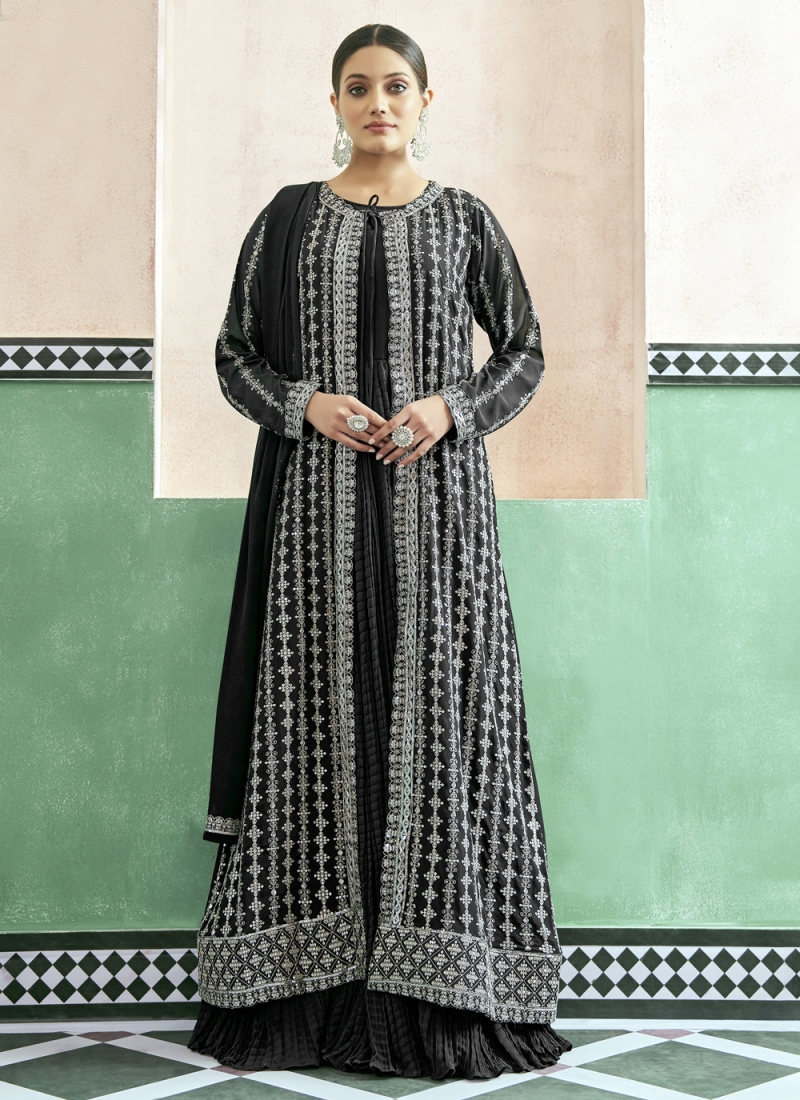 Black Georgette Embroidered Readymade Gown