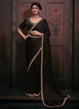 Black Handwork Georgette Satin Trendy Saree