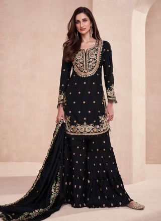 Black Silk Embroidered Trendy Salwar Kameez