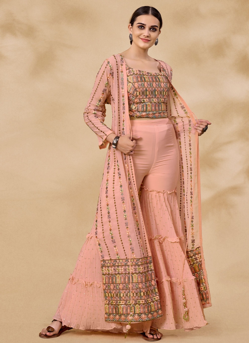 Blissful Georgette Peach Chikankari Work Readymade Salwar Kameez