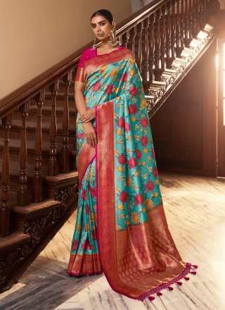 Blooming Digital Print Art Silk Firozi Contemporary Style Saree