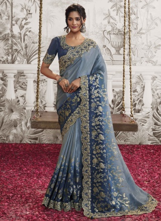 Blue and Grey Reception Fancy Fabric Contemporary Saree
