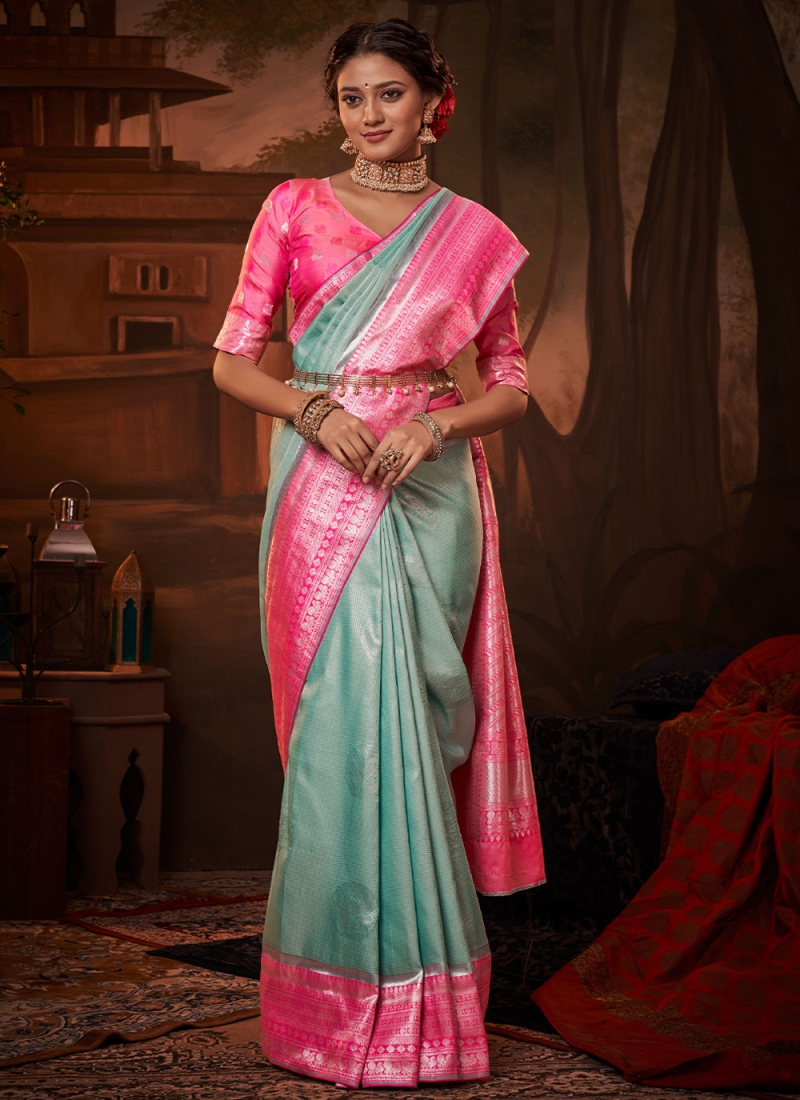 Blue and Pink Engagement Saree