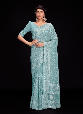 Blue Ceremonial Georgette Traditional Saree