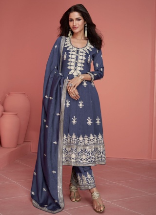 Blue Embroidered Ceremonial Trendy Salwar Kameez