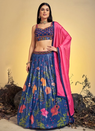 Blue Printed Silk Trendy Lehenga Choli