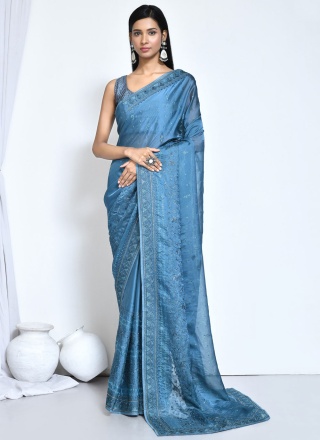 Blue Satin Silk Festival Contemporary Saree