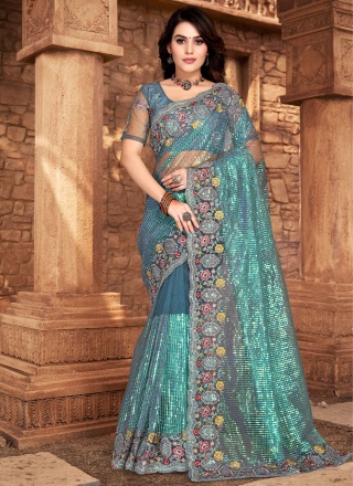 Blue Sequins Wedding Trendy Saree