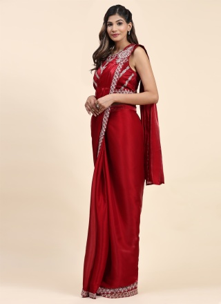 Border Satin Silk Trendy Saree in Red