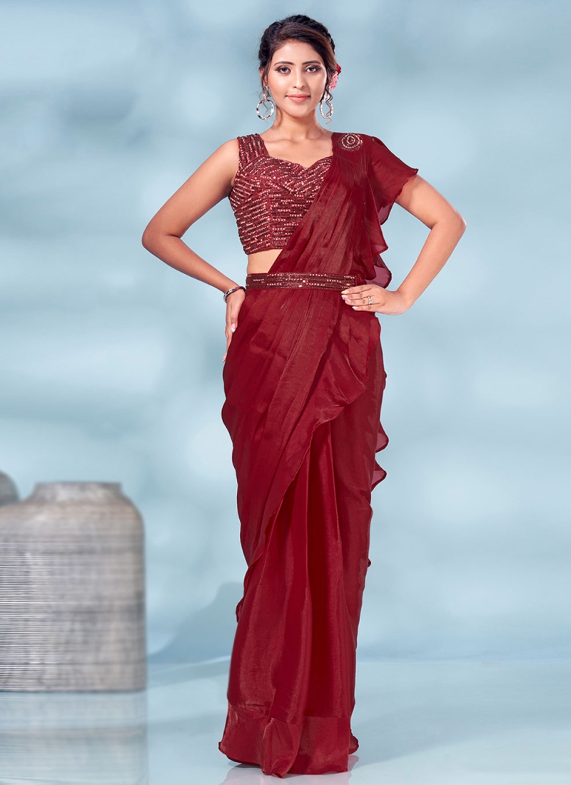 Breathtaking Plain Maroon Silk Designer Saree