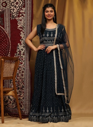 Brilliant Georgette Print Navy Blue Readymade Gown