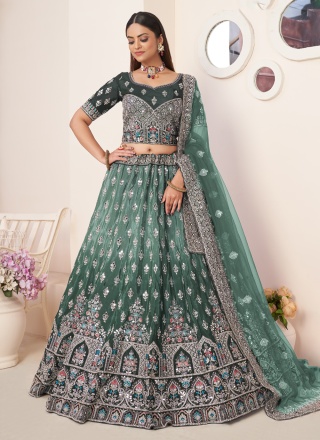 Brilliant Green Embroidered Net Trendy Lehenga Choli