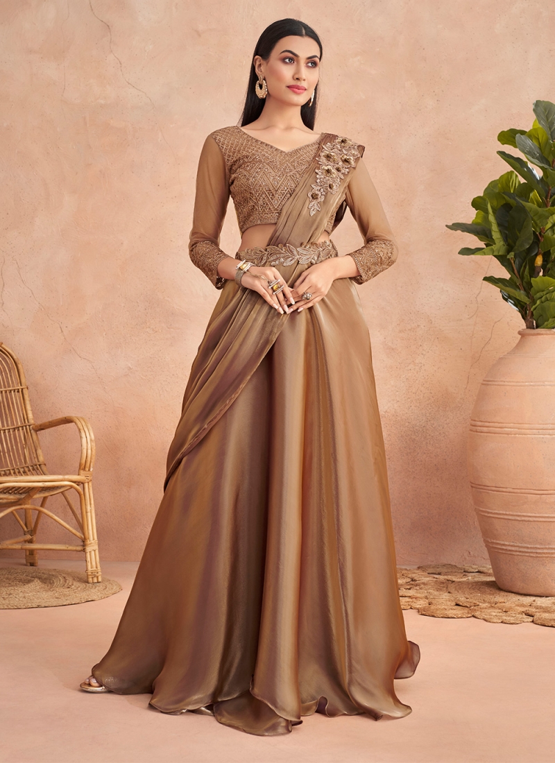 Embroidered Georgette Gown in Brown : TVE523