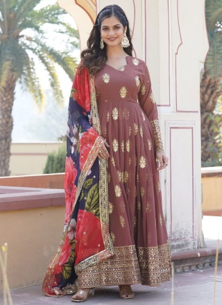 Brown Faux Georgette Readymade Trendy Gown 